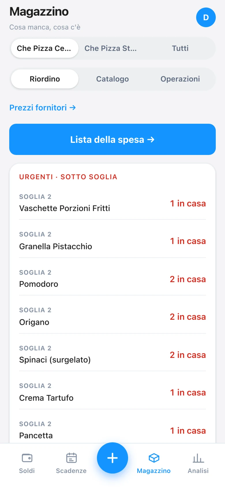 Schermata Magazzino: articoli sotto soglia con le quantità rimaste e il pulsante per la lista della spesa